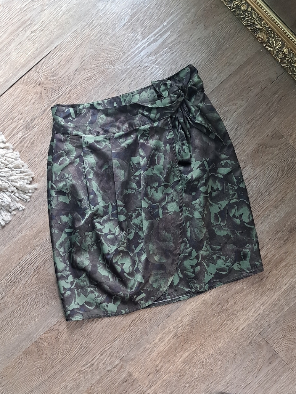 Tie-Front Olive Floral Mini Skirt